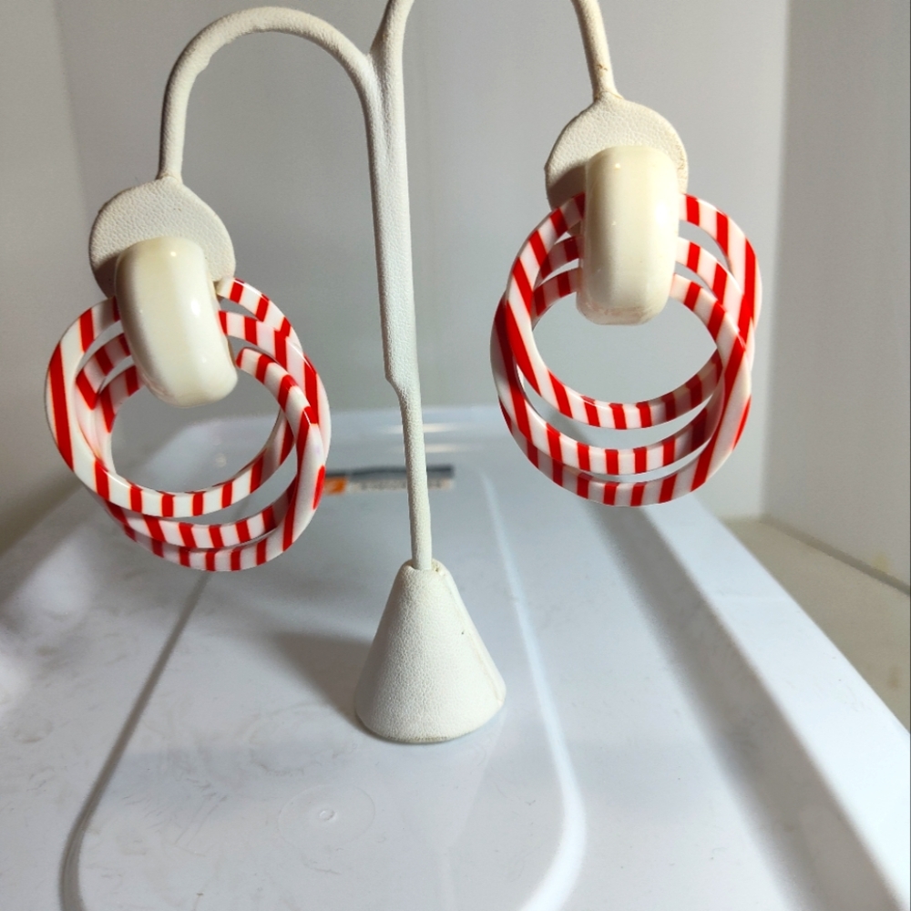 Red and White Striped Hoop Earrings